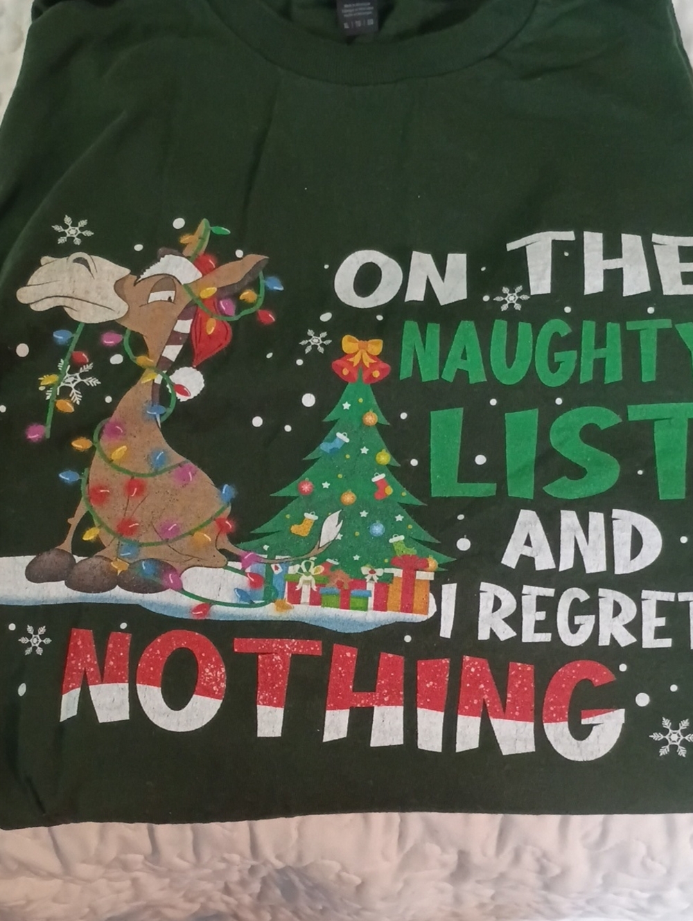 Gildan Dark Green 'On the Naughty List' Christmas Tee with Colorful Lights